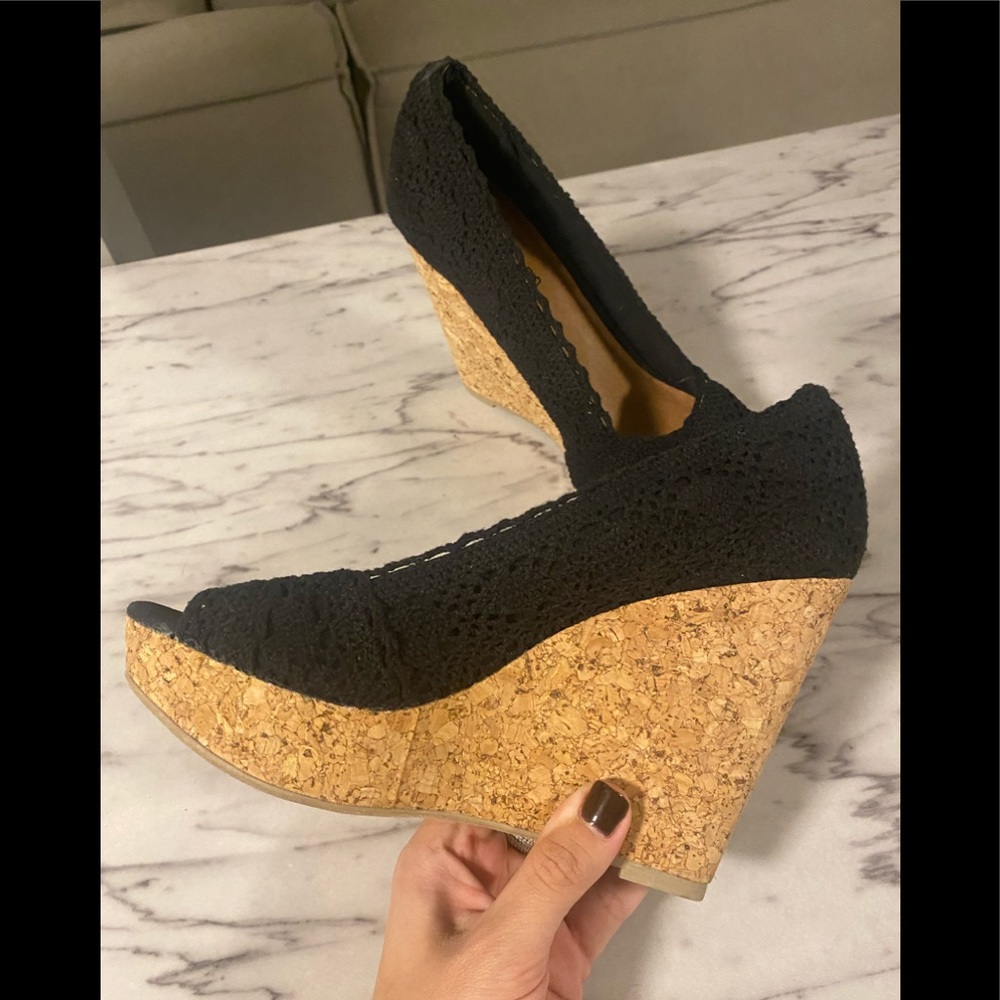Black lace open toe wedges!